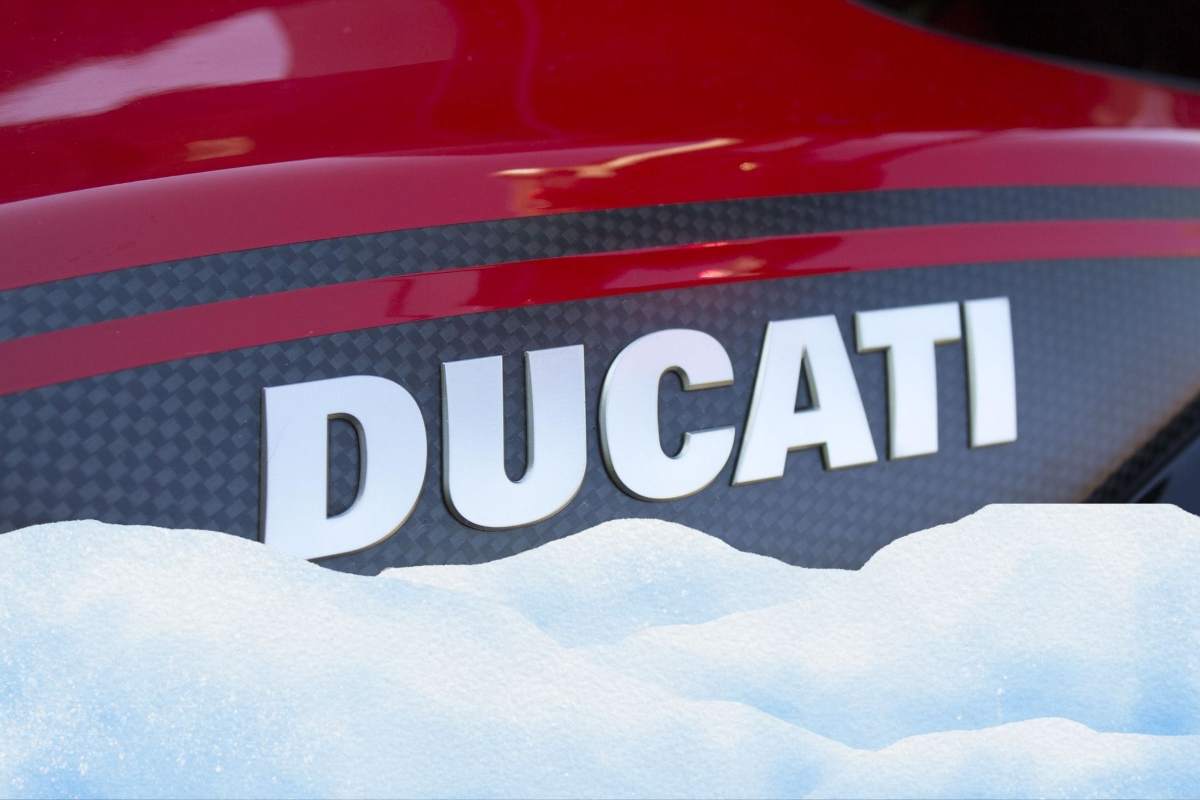 La scritta Ducati sul serbatoio e il disegno della neve