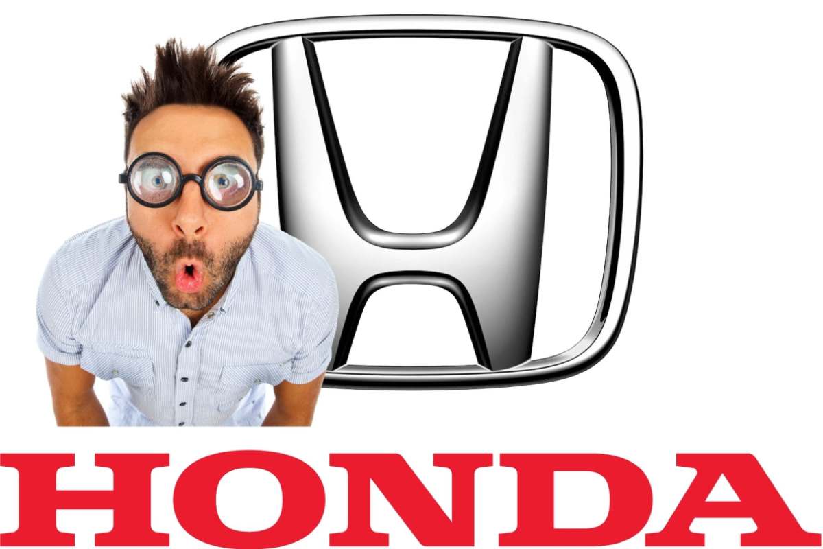 Un uomo stupito, il logo e la scritta Honda