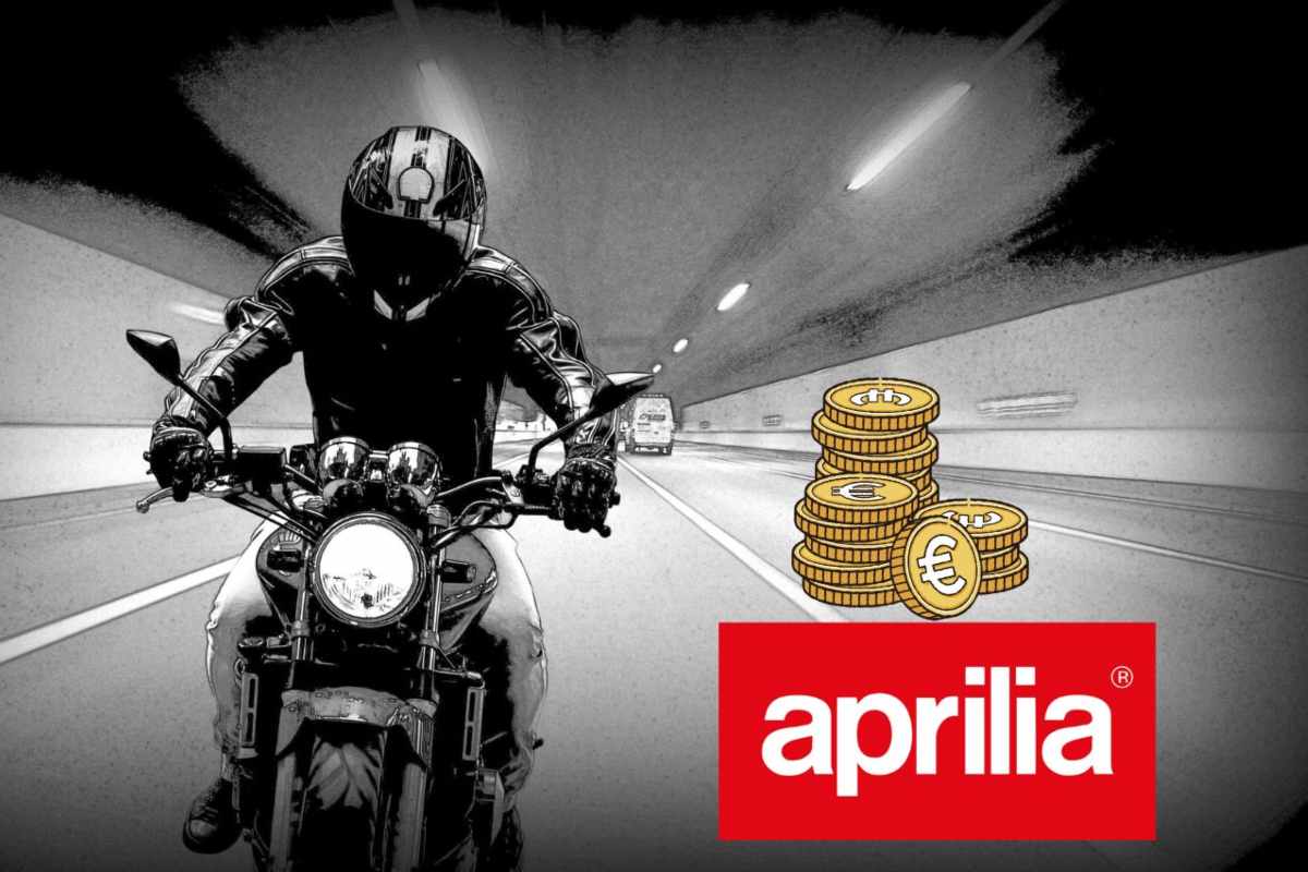 Una moto in un tunnel, il logo Aprilia e delle monete di euro